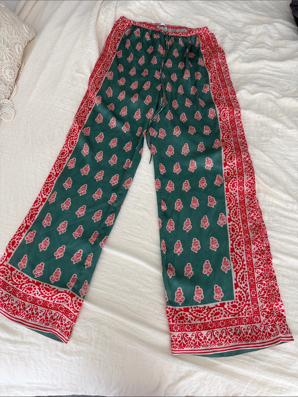 Zara Green Pants with Red Floral Border Print